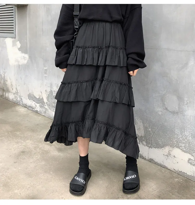 Goth Lolita High Waisted Asymmetrical High Low Ruched Ruffle Skirt in Skirts