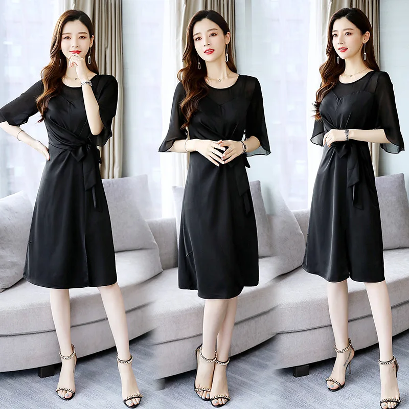 

2019 Summer New Style French fu gu qun Hepburn Black Skirt Slimming Elegant A- line Dress by Age WOMEN'S Dress