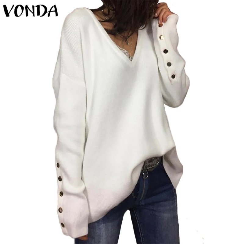 Белый VONDA/модные повседневные топы с длинными рукавами и v-образным вырезом; вязаные свитера; зимняя теплая блузка; топы; вязаный пуловер; Блузы - Цвет: Белый