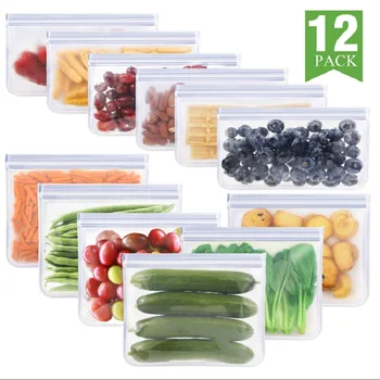 

12Pcs/lot Silicone Food Bag Frosted PEVA Silicone Food Fresh-keeping Bag Reusable Freezer Zipper Leakproof Top Fruits Bag XB 133