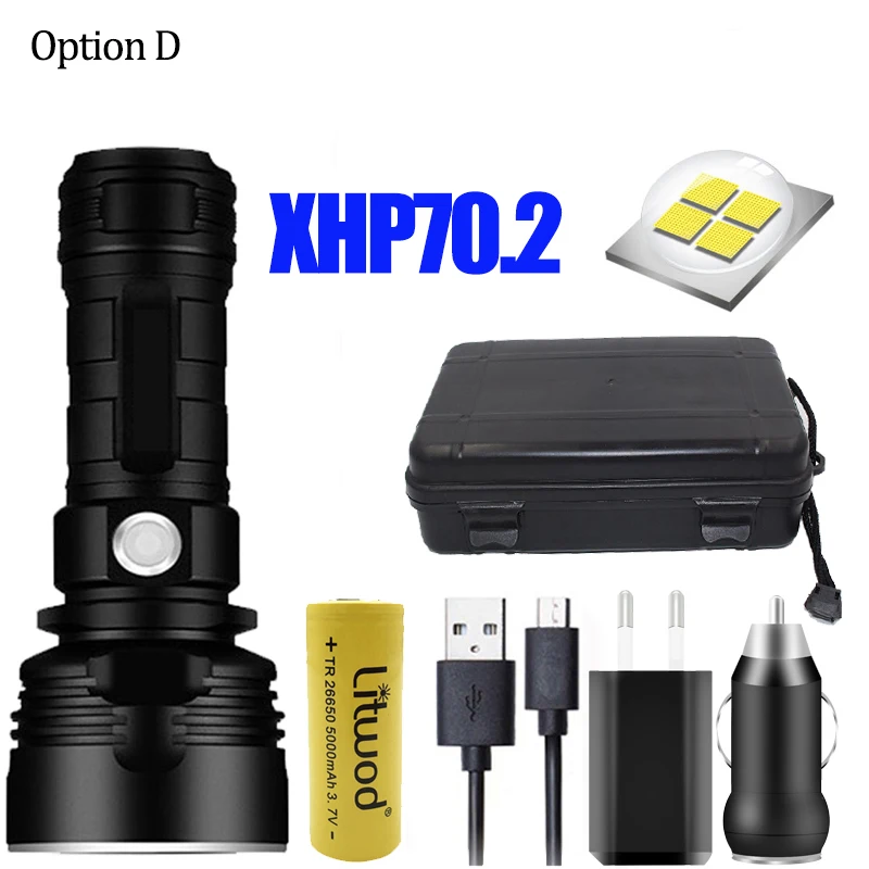 Супер мощный светодиодный фонарь XHP70.2, тактический USB фонарь xhp50, перезаряжаемый фонарь с батареей 18650 26650 для кемпинга, рыбалки - Испускаемый цвет: Option D