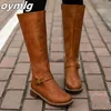 Thigh high Boots brown Women Vintage leather Square Heel Zipper knee height buckle Boot Keep Warm Round Toe Shoes British Style ► Photo 2/6