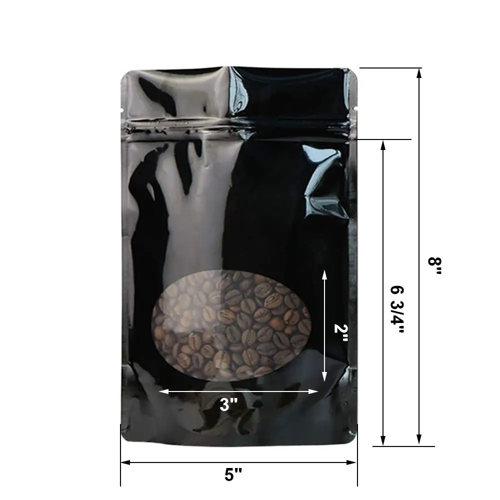 Smell Proof Glossy Black Zip Bags Doypack Food Coffee Bean Stand Up Pouches Aluminum Foil Zip Lock Packaging Bag with Window
