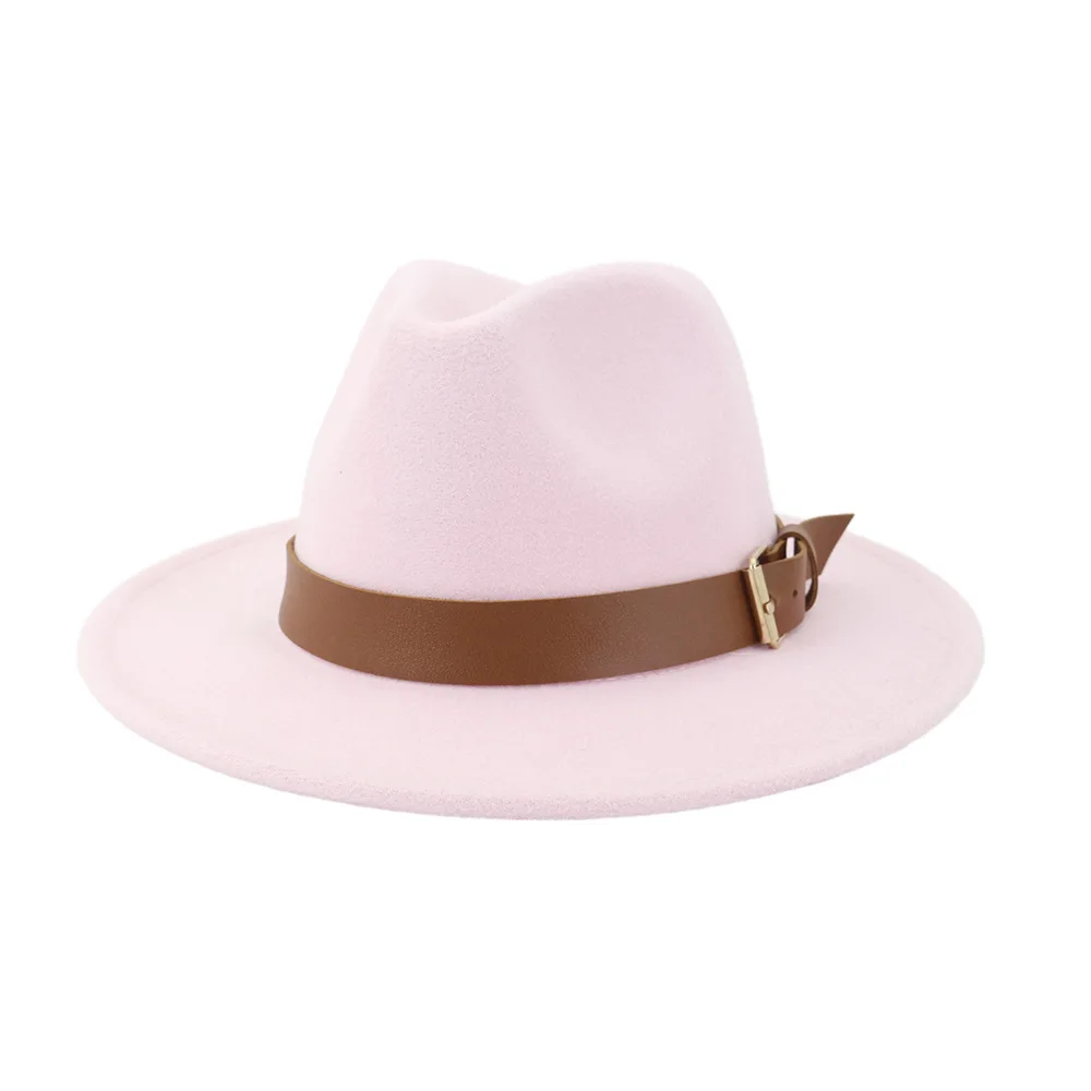 Модная шерстяная фетровая шляпа с широкими полями для мужчин и женщин, для формальной вечеринки, джазовая шляпа Федора с пряжкой на ремне, желтая, оранжевая, розовая Панама - Цвет: Розовый