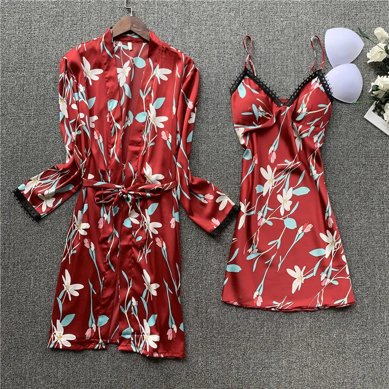

Spring New Woman Printing Robe Set Imitate Real Silk Sleepwear Long Sleeve Sexy With Chest Pad Bathrobe