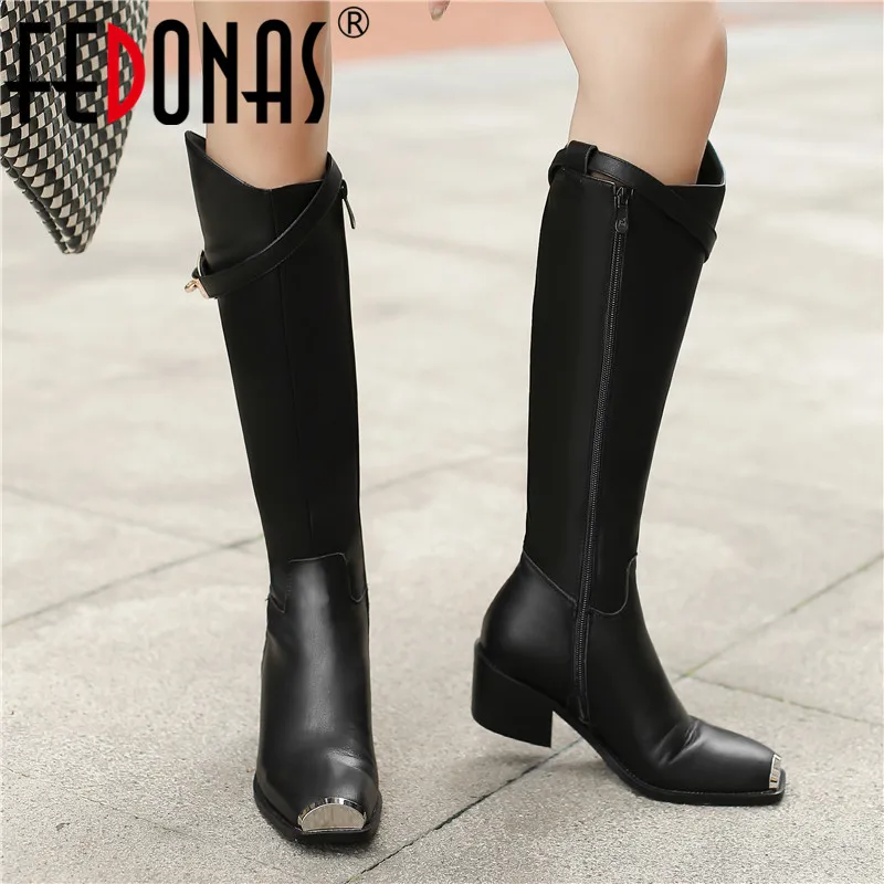 

FEDONAS High Heels Dancing Shoes Woman Genuine Leather Riding Boots Metal Square Toe Women Punk Knee High Boots Winter Boots