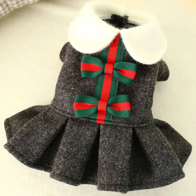 

Gray Woolen Dog Clothes Winter Bowknot Warm School Style White Lapel Coat Jacket For Small Dgs Chihuahua Cat Dress Costume XS-XL