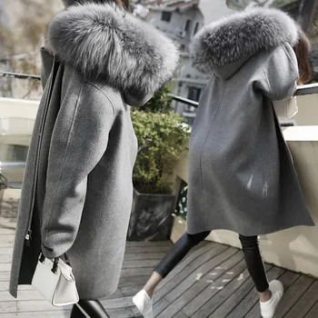 

Factory direct women's woolen coat casual women's wool coat 2020 new solid color hooded fur collar winter long section m-5XL