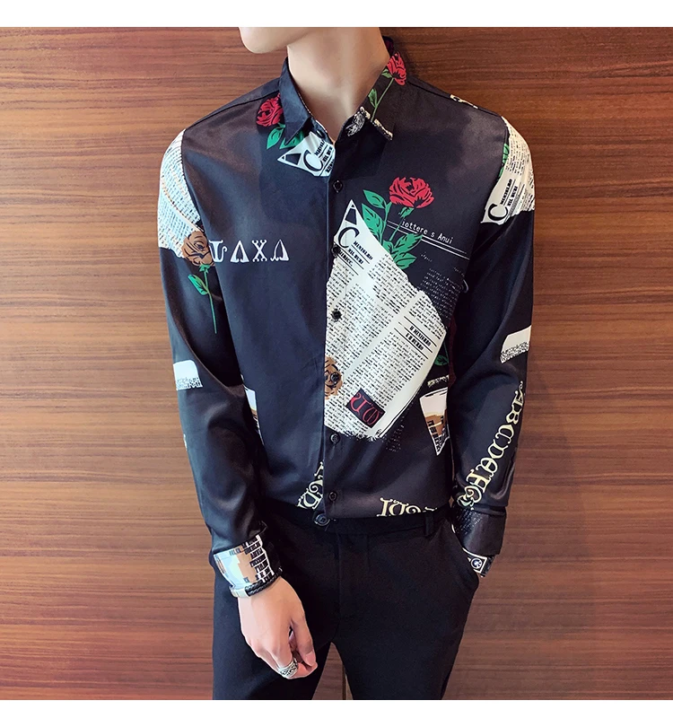 Rose Printing Men Shirt Fashion Long Sleeve Casual Slim Fit Shirts Men Dress Tuxedo Clothing Camisa Social Masculina