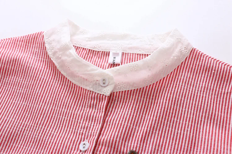  2019 New Korean Women Blouses Round Collar Cat Embroidered Long Sleeve Striped Loose Cotton Women S