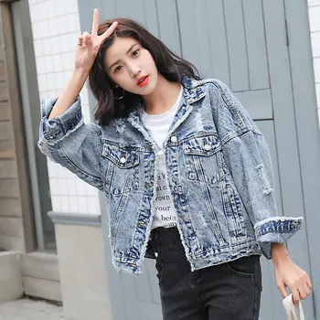 

Denim Jacket Female 2020 Spring Autumn New Student Wild Short Jacket Hole Female Long Sleeve Turn-down Collar Casual Jackets