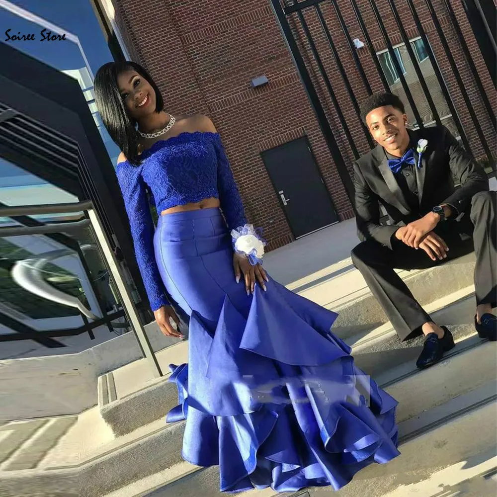 

Fitted Black Girls Two Pieces Prom Dresses Vintage Blue Mermaid Prom Gowns With Sleeves Off Shoulders Ruffles Evening Dress 2020