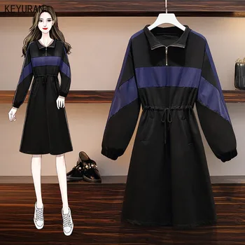 

Elastic Waist Spring Autumn Hoodies Shirt Dress Fashion Women Hooded Long Sleeve Sweatshirt Dresses Female Plus Size Clothes 5XL