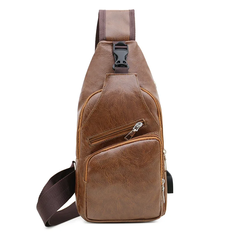 Мужские сумки через плечо, мужская сумка на груди с USB, дизайнерская сумка через плечо, кожаные сумки на плечо, диагональная упаковка, рюкзак для путешествий - Цвет: Solid light brown