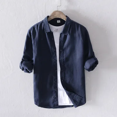 Мужская весенне-осенняя Модная брендовая винтажная Однотонная рубашка с длинными рукавами в японском стиле из льна мужские повседневные приталенные рубашки - Цвет: deep blue
