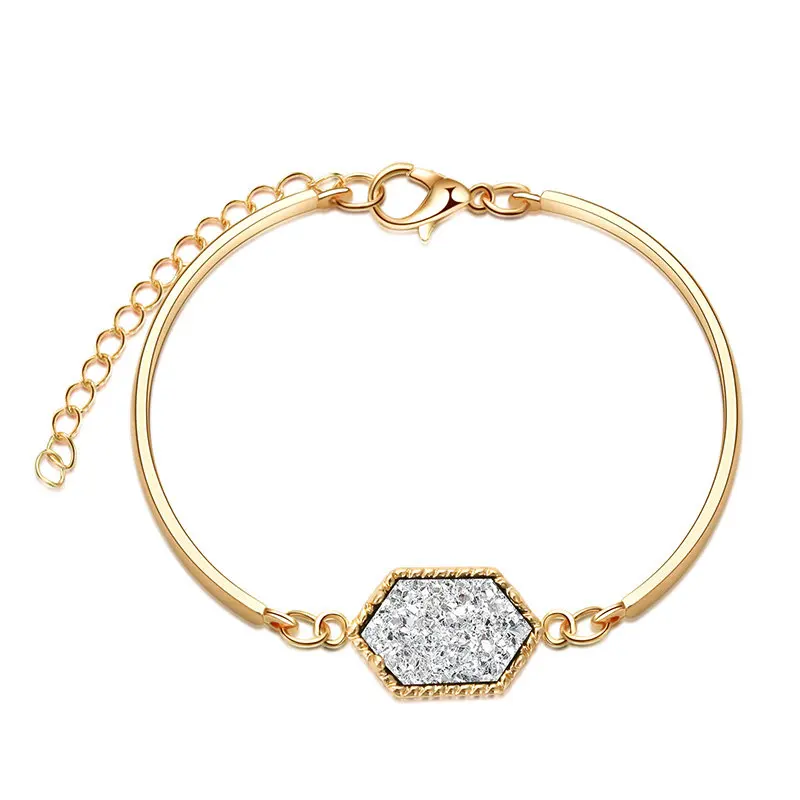 gold white Браслет с кристаллами, модные геометрические браслеты с шестиугольником Друза природного камня, Золотая Серебряная цепочка для женщин, ювелирное изделие - Окраска металла: gold white