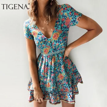 

TIGENA Bohemian Floral Print Summer Dress Women 2020 Sexy V-neck Boho Beach Tunic Dress Female Holiday Summer Sundress Women
