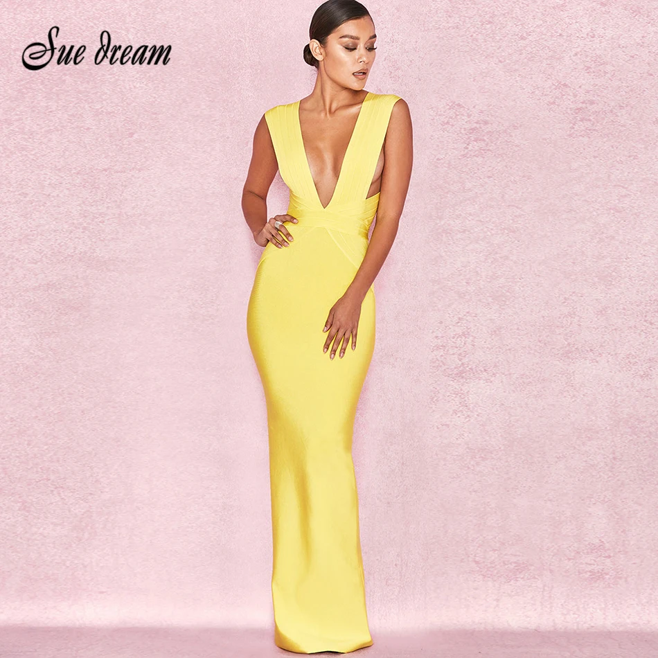 

2018 Winter new women dress deep v neck bandage dress sexy bodycon hollow out celebrity party yellow dresses vestidos wholesale