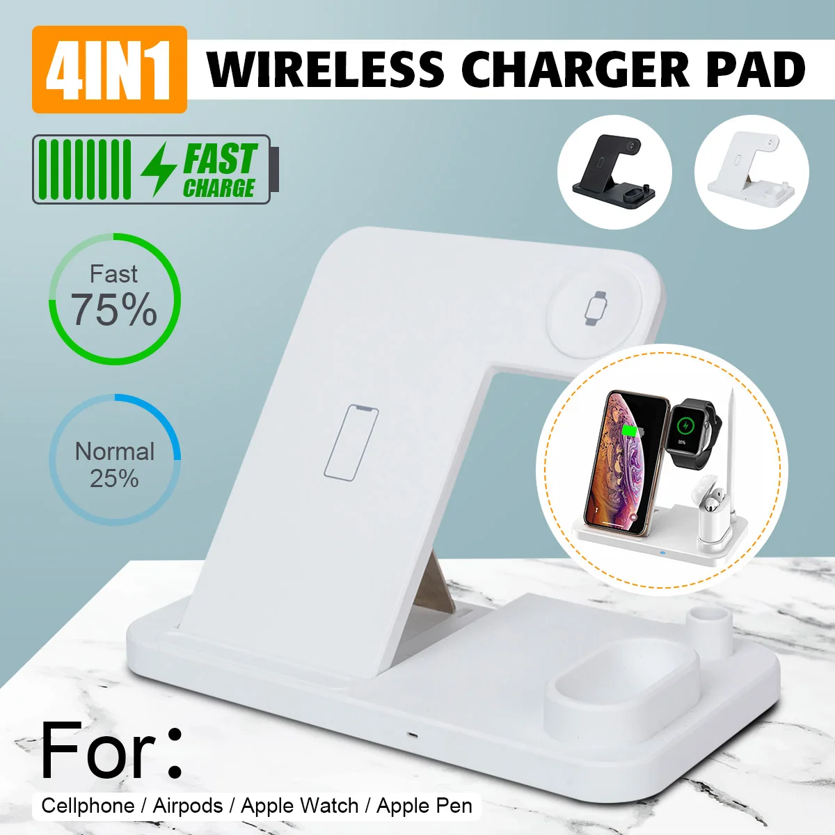 

4in1 Wireless Charger Dock Station Pad 7.5W/10W Fast Qi Wireless Charger Stand for Apple Watch Pen for iphone XR/XS For Airpods