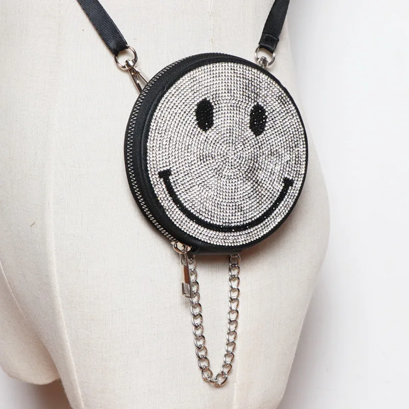 

DAEYOTEN Diamond Bags for Women 2020 Cute Smiling Face Small Round Bag Single Shoulder Messenger Bag Summer Chain Handbag ZM0755