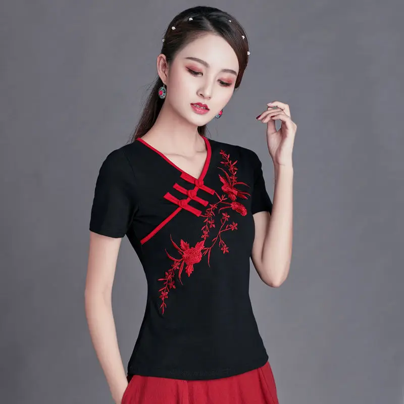 Cheongsam Womens Plus Size Short Tops Summer Fashion Cotton Blend Embroidery Cheongsam Slim fit Chinese Qipao Shirts Woman