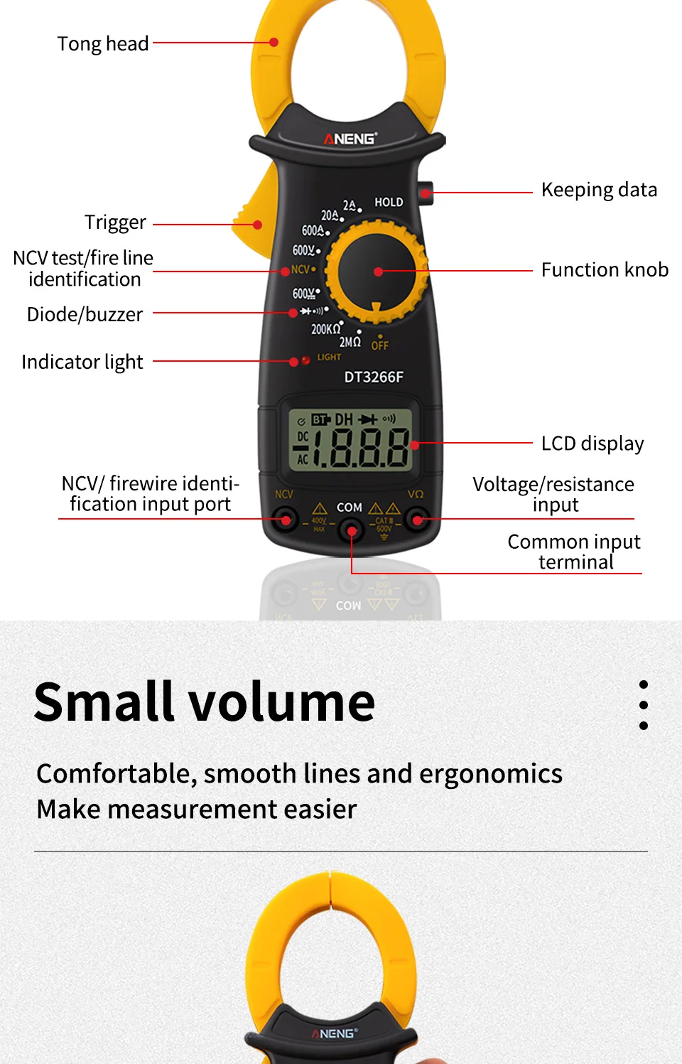 DT3266F Мини цифровой мультиметр зажим Амперметр электрические клещи AC/DC тестер устройства сопротивления с зуммером