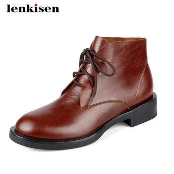 

Lenkisen 2020 korean girls genuine leather simple classics round toe thick med heel lace up keep warm daily wear ankle boots L70