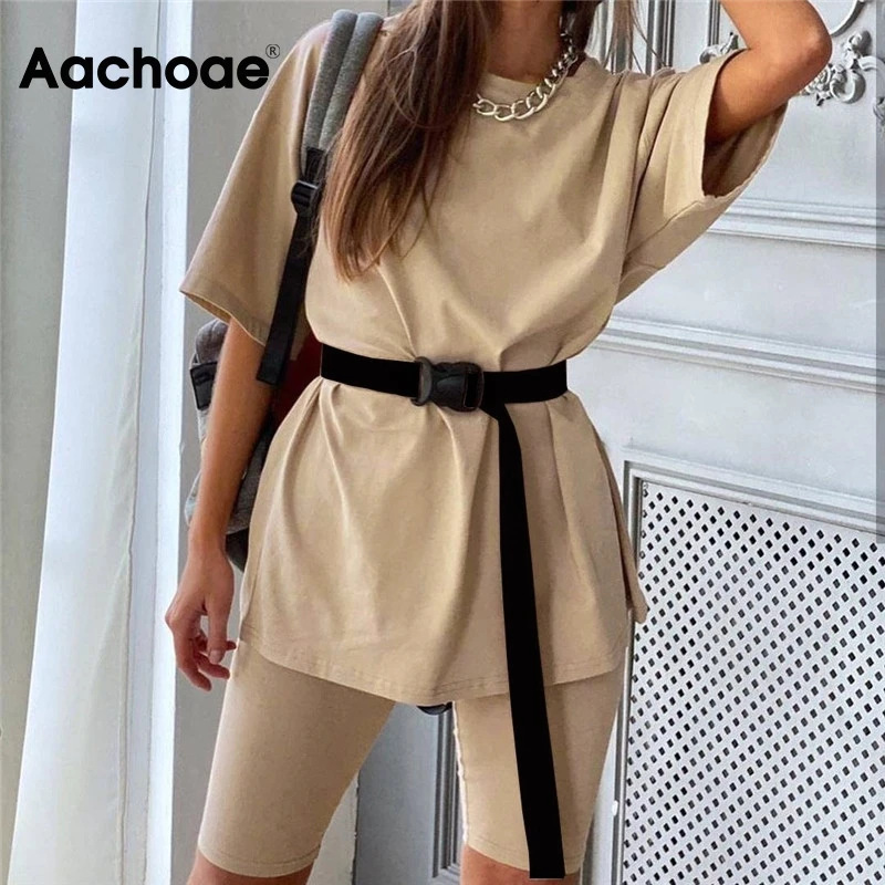 Повседневный Женский костюм Aachoae из двух предметов с поясом однотонный домашний