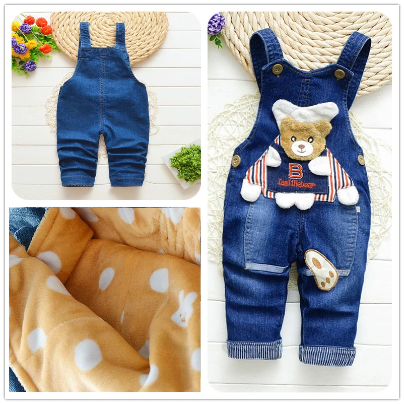 Girls Winter Trousers New Kids Fashion Cotton Thick Cartoon Pants Children Warm Bib Pants For Baby Girls Kids Denim Overalls