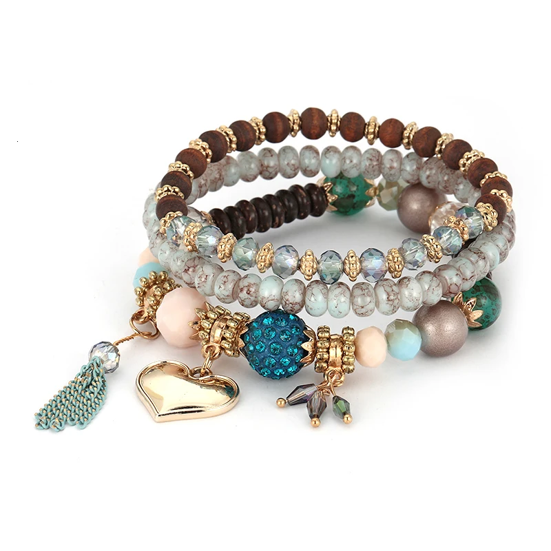 Бусины в стиле бохо браслеты и браслеты для женщин модный браслет с кристаллом в форме сердца Femme многослойный кисточкой Кулон Bijoux браслет ювелирные изделия