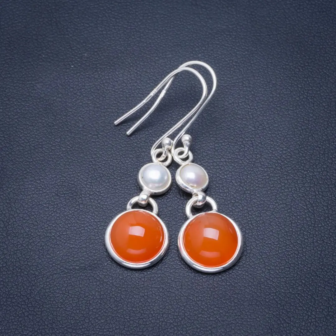 

Natural Carnelian and River Pearl Handmade Unique 925 Sterling Silver Earrings 1.5" B2330