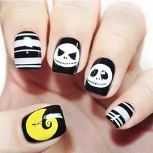 24Pcs Fashion Halloween yellow Moon press on nails for kids Black and White Punk Skull Short false nails for children with glue