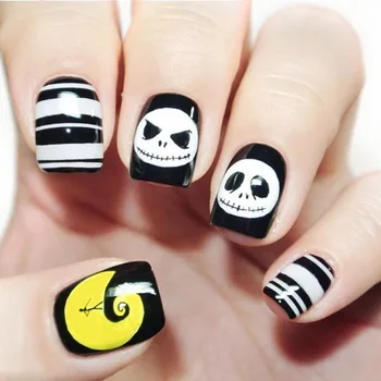

24Pcs Fashion Halloween yellow Moon press on nails for kids Black and White Punk Skull Short false nails for children with glue