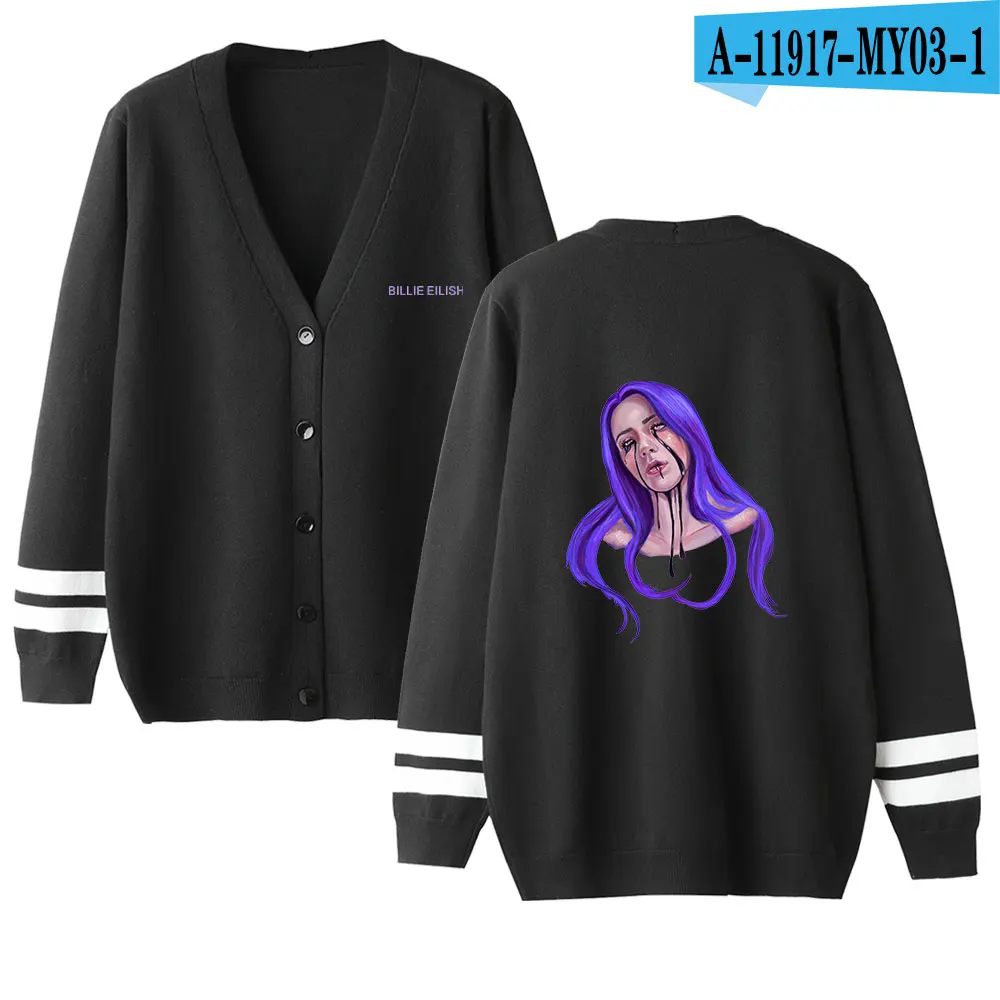 Billie Eilish женский кардиган свитер с v-образным вырезом однотонный Свободный Трикотаж однобортный Повседневный вязаный кардиган верхняя одежда зимняя куртка пальто - Цвет: black