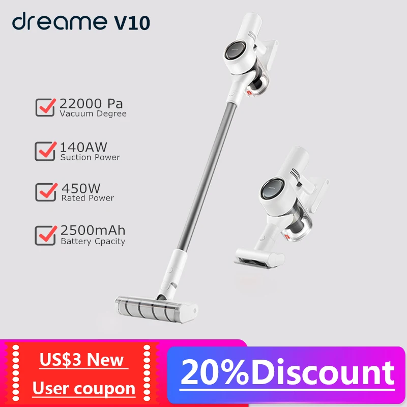 

Xiaomi Dreame V10 Cordless Handheld Wireless Vacuum Cleaner 22000pa suction Hand stick Low noise Wall Mounted large battery