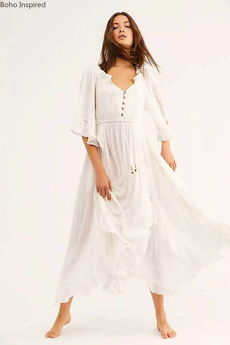 Богемный Вдохновленный Пляжное Платье макси с v-образным вырезом и рюшами Белое Женское платье асимметричное летнее платье повседневное праздничное платье бохо
