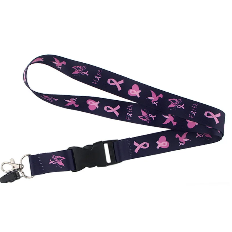 

P4009 Dongmanli Breast Cancer Awareness Pink Ribbon Keychain Lanyards Holder ID Card Pass Gym Mobile Badge Holder Key Strap