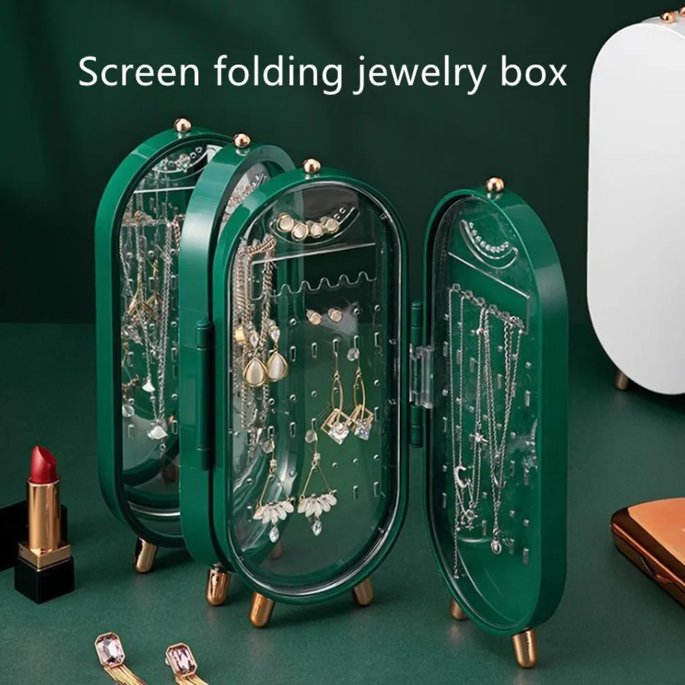 Jewelry desktop storage box ring necklace earrings dustproof finishing bag portable with makeup mirror folding screen cosmetic fawn creative jewelry storage rack ring necklace display rack key bracelet bracelet finishing rack storing cosmetics jewelry