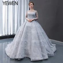 Grey Long sleeves Evening Dress 2020 A Line V Back Prom Party Gowns Robe De Soiree Lace Up Formal Dresses Women Gown YeWen