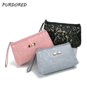 

PURDORED 1 PC Luxury Lace Cosmetic Bag Women Zipper Makeup Bags with Metal Bow-Knot Travel Toiletry Bag Beauty Case Toilettas