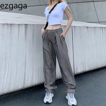 

Ezgaga Women Pants 2020 New High Waist Loose Gray Striped Suit Pants Straight Ladies Trouser Thin Office Lady Pantalon Fashion