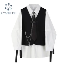 2021 Spring Autumn Women's Two-Piece Sets Streetwear Fashion Tooling Style Vest And Solid Loose Long Sleeve Shirts Female Suit
