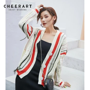 

CHEERART Striped Ribbed Sweater Cardigan Coat Women Tassels V Neck Knitted Cardigan Fall Fashion Autumn Clothes 2019