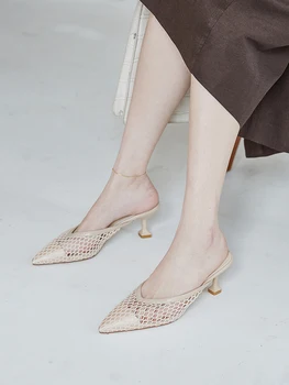 

Pointed Toe Women Mesh Mule Shoes Apricot Summer 4cm Med Heels Sandals 2020 Design Prom Pumps Lady Slippers Black Zapatillas