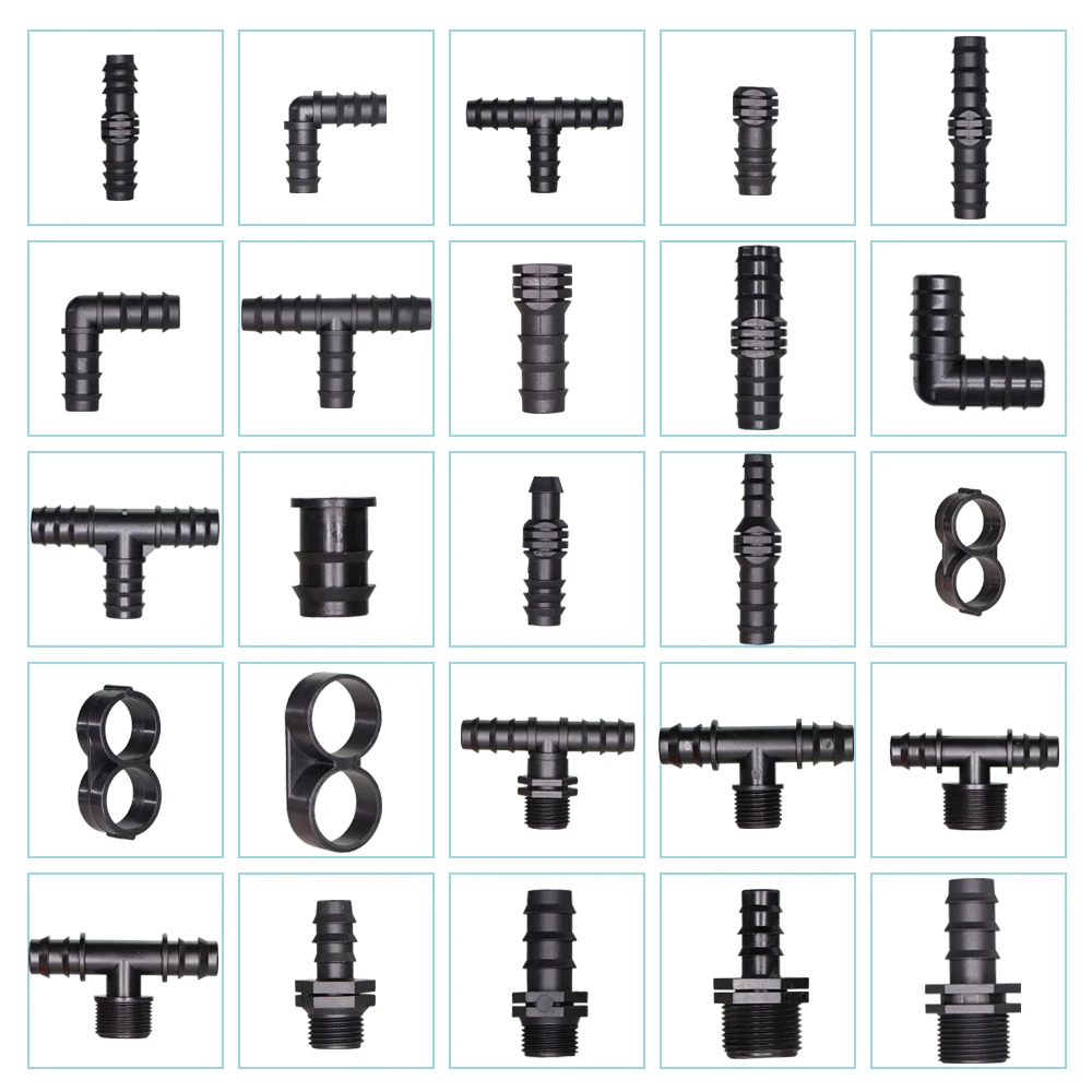 

RBCFHl 16 20 25MM Tubing Water Connectors Equal Coupling Adaptor Elbow Tee End Plug Drip Irrigation Barbed Fittings 1/2 3/4''