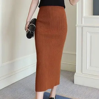 

60-80CM Elastic Band Women Skirts Autumn Winter Warm Knitted Straight Skirt Ribbed Ribbed Mid-Long Skirt Black