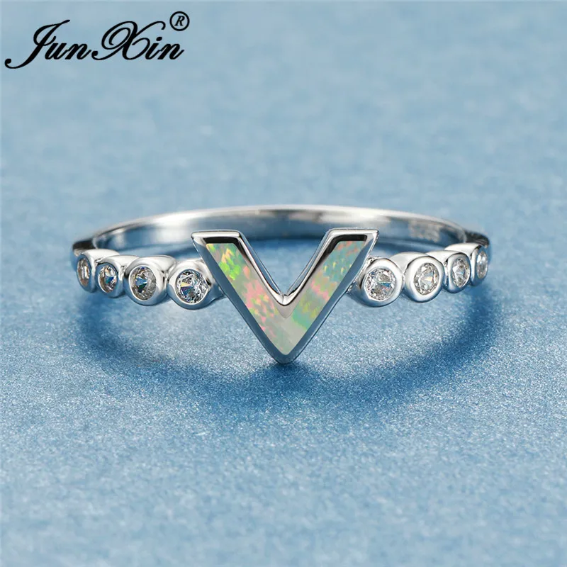 Изысканное кольцо с буквой V, 925 пробы, серебряное, голубое, белое, огненный опал, кольца для женщин, минималистичные тонкие кольца, циркониевые Свадебные украшения