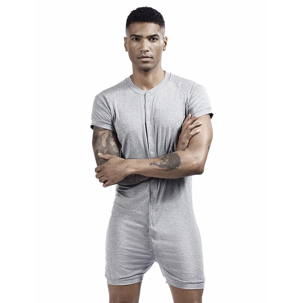 2021 New Short Sleeve Jumpsuits Playsuits for Men Fashion Leisure Home Conjoined Pajamas Sleep Bottom Buttoned Up Homewear Male mens sleepwear set