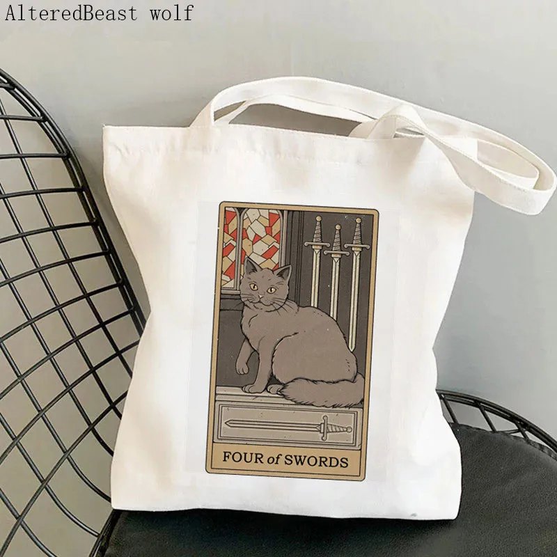 Women Shopper bag Five of Wands cat Tarot Printed Bag Harajuku Shopping Canvas Shopper Bag girl handbag Tote Shoulder Lady Bag