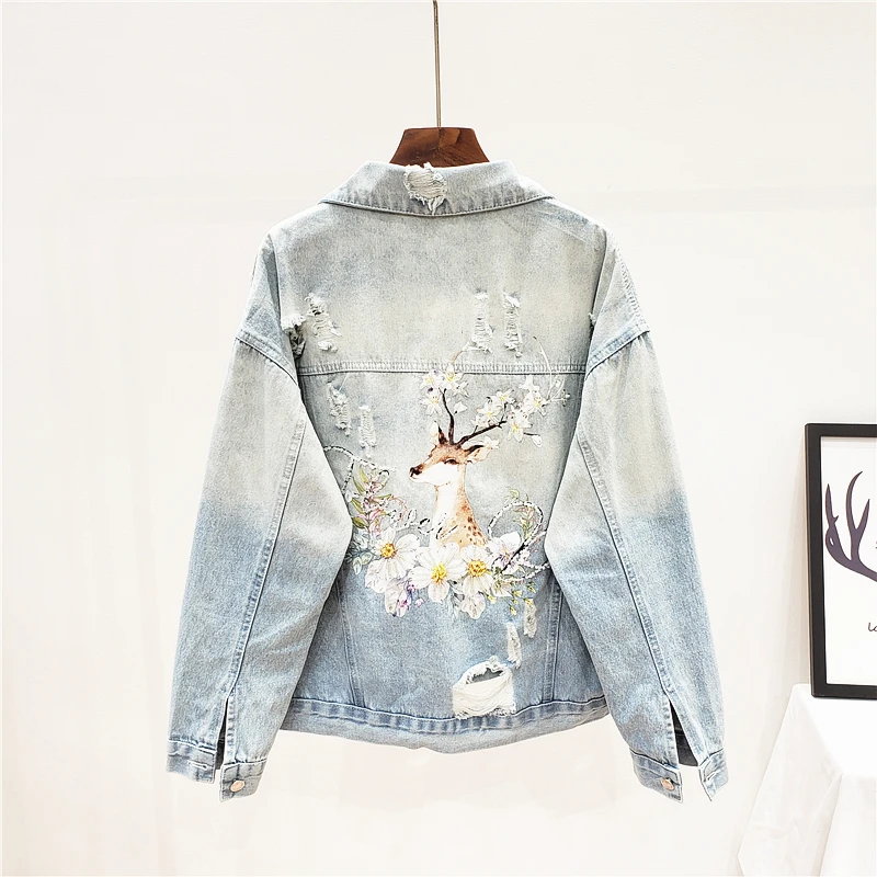 Photo Color BF Loose k Свободная джинсовая куртка женская джинсовая куртка с вышивкой пальто хип хоп отверстие однобортный джинсовая куртка повседневная женская куртка - Цвет: Photo Color
